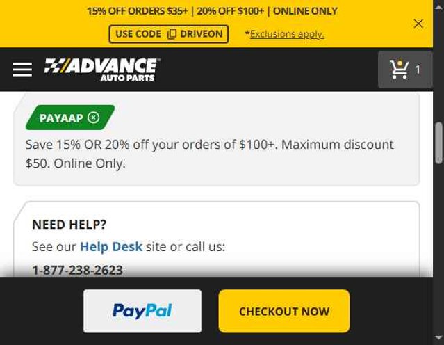 Advance Auto Parts checkout page showing Advance Auto Parts promo code box | Screenshot taken by SimplyCodes community member on Aug 22, 2025