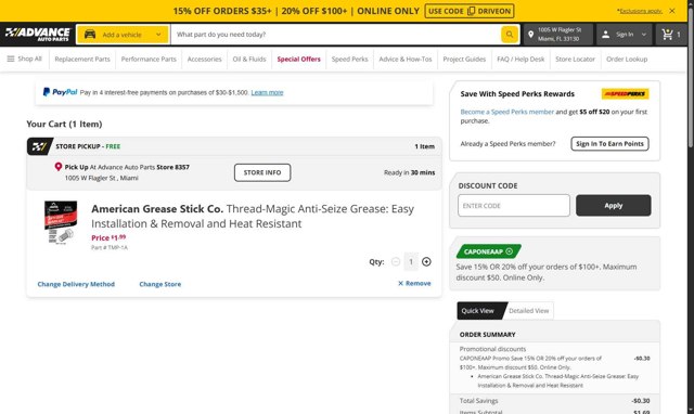 Advance Auto Parts checkout page showing Advance Auto Parts promo code box | Screenshot taken by SimplyCodes community member on Aug 22, 2025