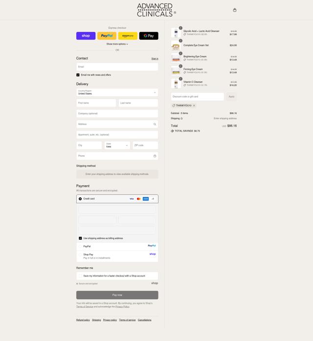 Advanced Clinicals checkout page showing Advanced Clinicals discount code box | Screenshot taken by SimplyCodes community member on Sep 13, 2025
