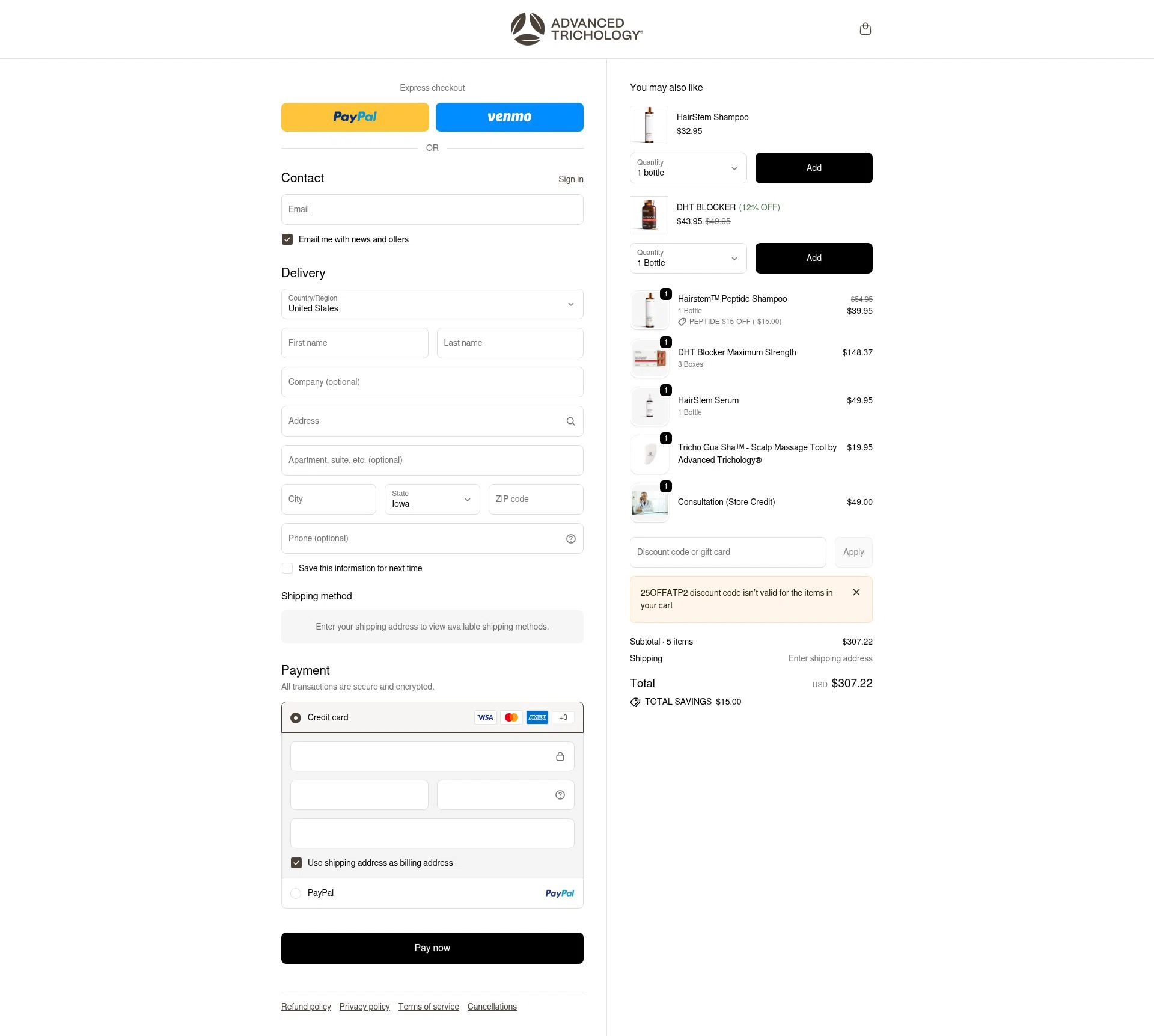 Advanced Trichology checkout page showing Advanced Trichology promo code box | Screenshot taken by SimplyCodes community member on Feb 8, 2026