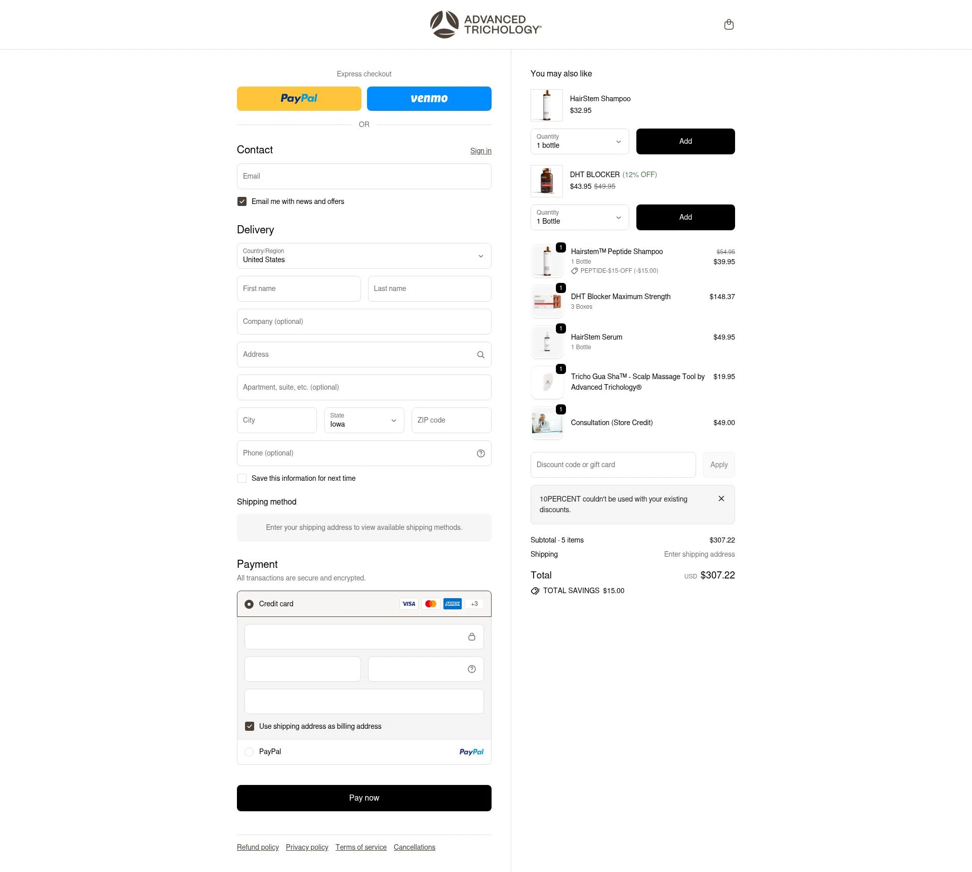 Advanced Trichology checkout page showing Advanced Trichology promo code box | Screenshot taken by SimplyCodes community member on Feb 8, 2026