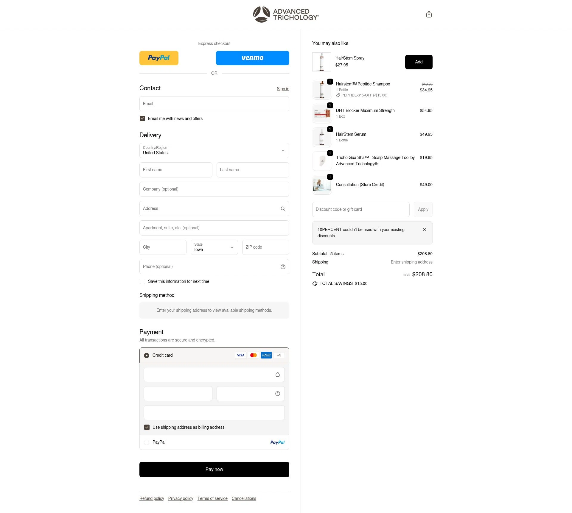 Advanced Trichology checkout page showing Advanced Trichology promo code box | Screenshot taken by SimplyCodes community member on Feb 12, 2026