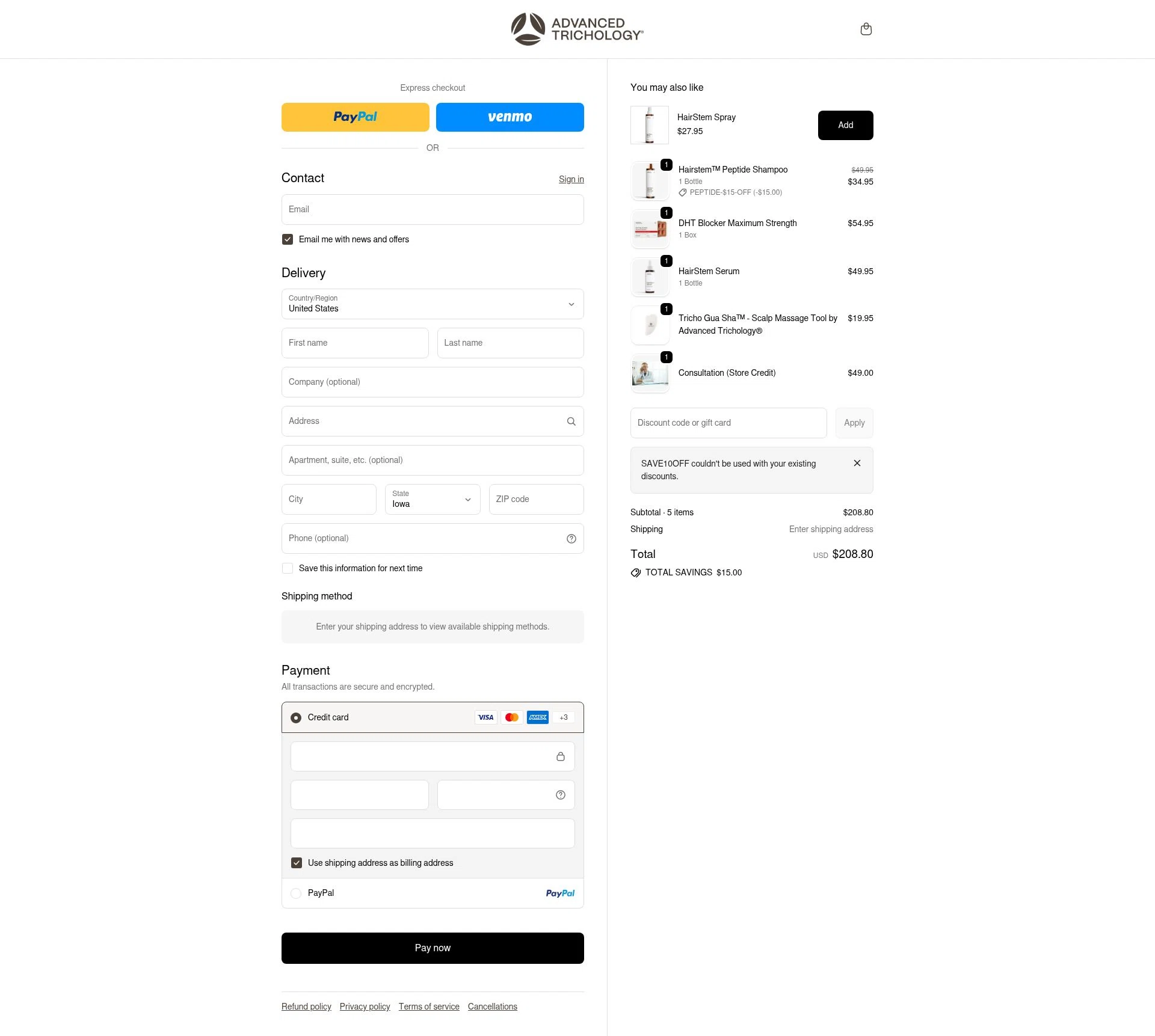 Advanced Trichology checkout page showing Advanced Trichology promo code box | Screenshot taken by SimplyCodes community member on Feb 12, 2026