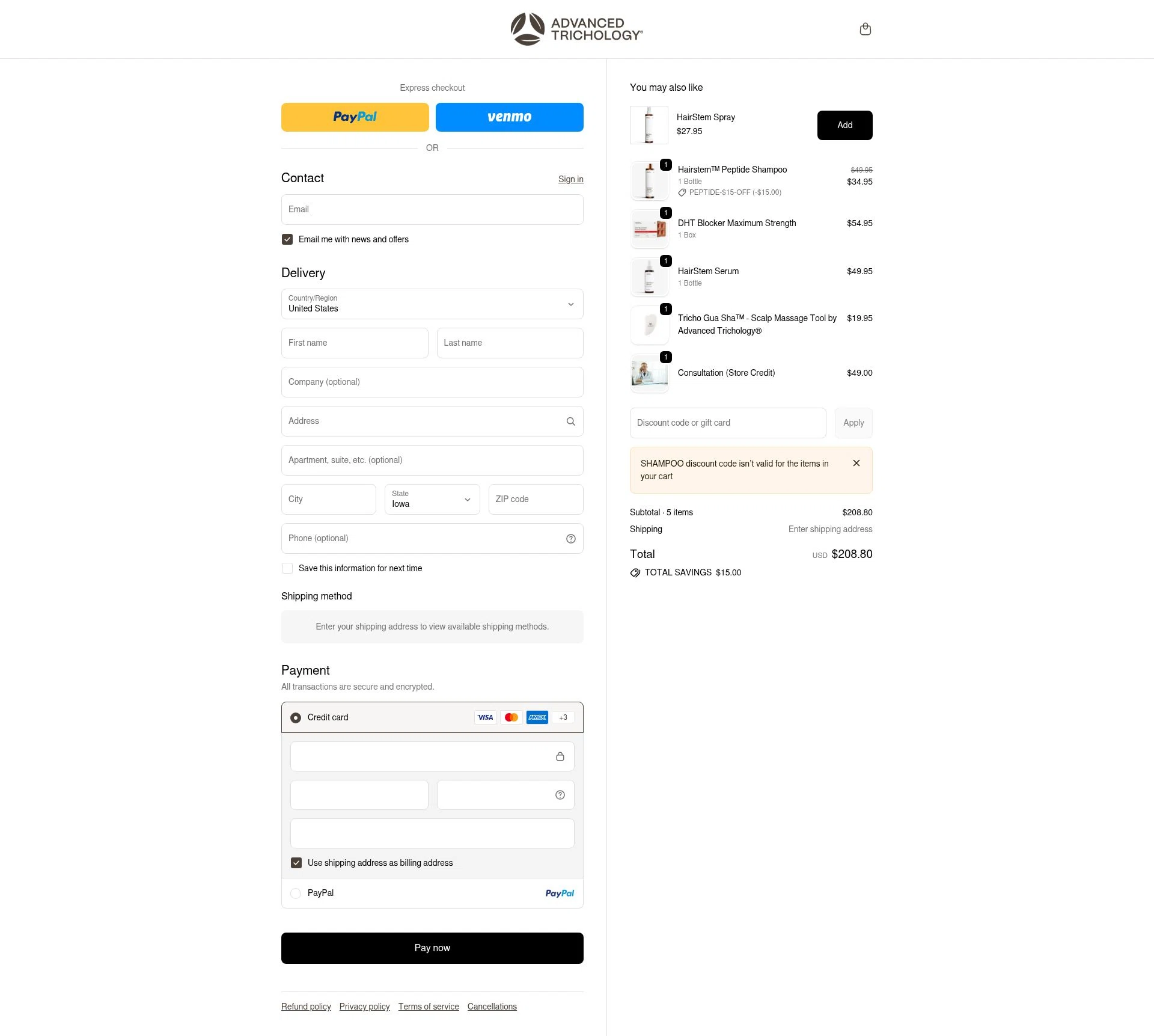 Advanced Trichology checkout page showing Advanced Trichology promo code box | Screenshot taken by SimplyCodes community member on Feb 12, 2026