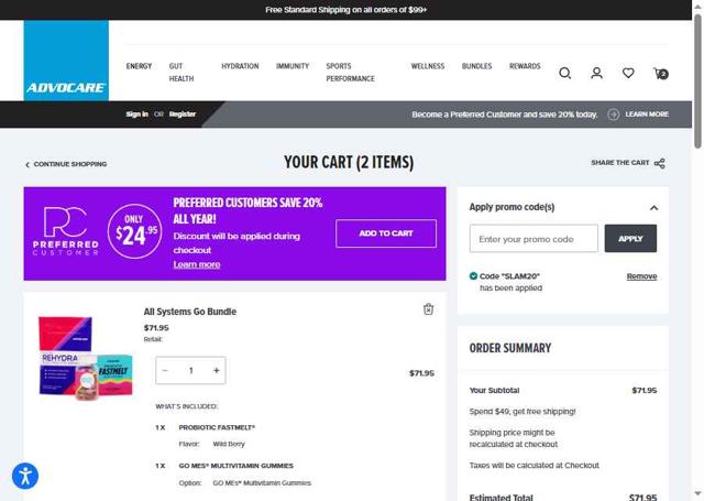 AdvoCare checkout page showing AdvoCare promo code box | Screenshot taken by SimplyCodes community member on Sep 13, 2025