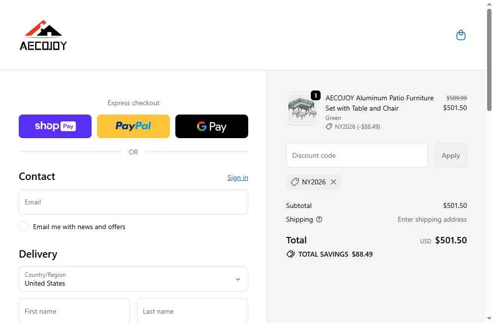 AECOJOY checkout page showing AECOJOY promo code box | Screenshot taken by SimplyCodes community member on Jan 10, 2026