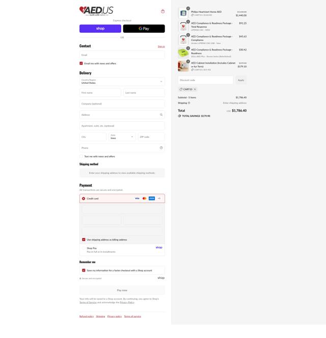 AED.us checkout page showing AED.us promo code box | Screenshot taken by SimplyCodes community member on Sep 10, 2025