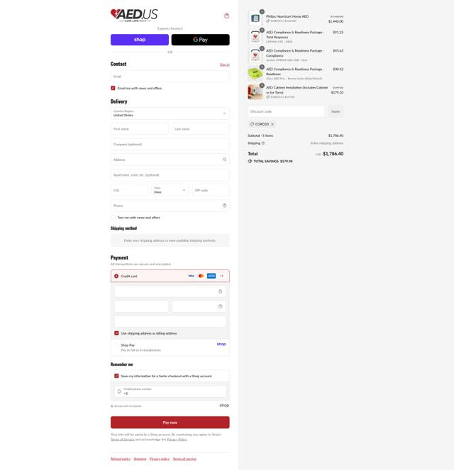 AED.us checkout page showing AED.us promo code box | Screenshot taken by SimplyCodes community member on Sep 10, 2025