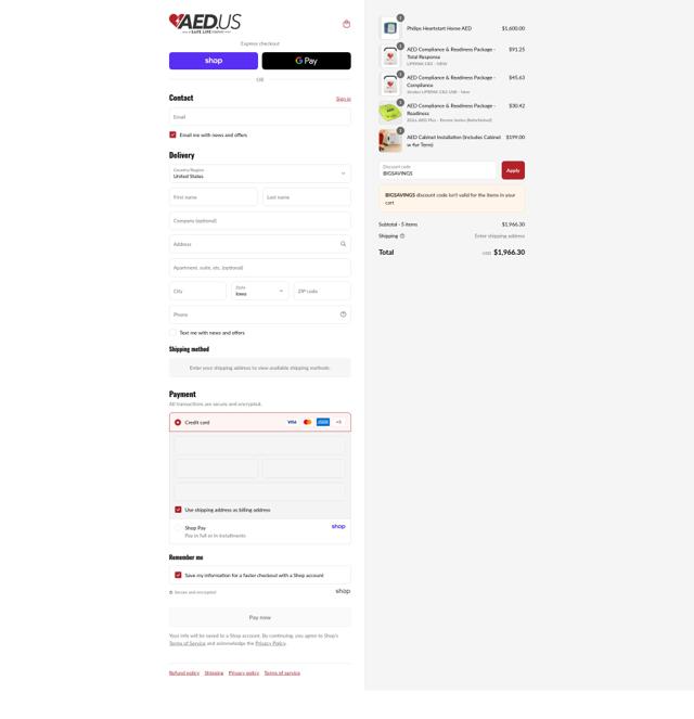 AED.us checkout page showing AED.us promo code box | Screenshot taken by SimplyCodes community member on Sep 10, 2025