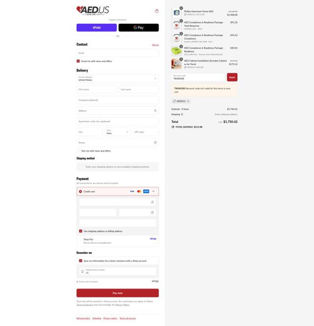 AED.us checkout page showing AED.us promo code box | Screenshot taken by SimplyCodes community member on Sep 10, 2025