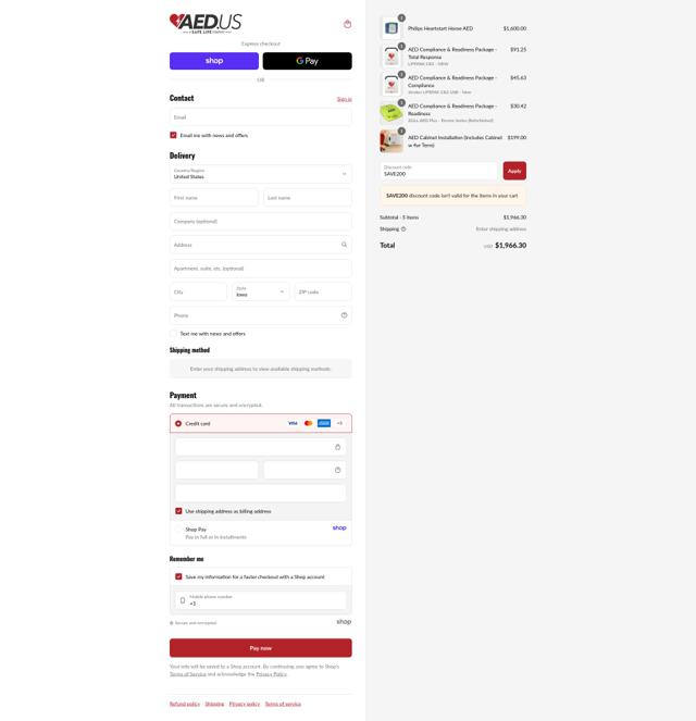 AED.us checkout page showing AED.us promo code box | Screenshot taken by SimplyCodes community member on Sep 10, 2025