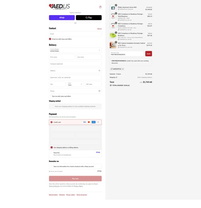 AED.us checkout page showing AED.us promo code box | Screenshot taken by SimplyCodes community member on Sep 10, 2025