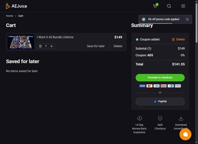 AEJuice checkout page showing AEJuice coupon code box | Screenshot taken by SimplyCodes community member on Aug 24, 2025