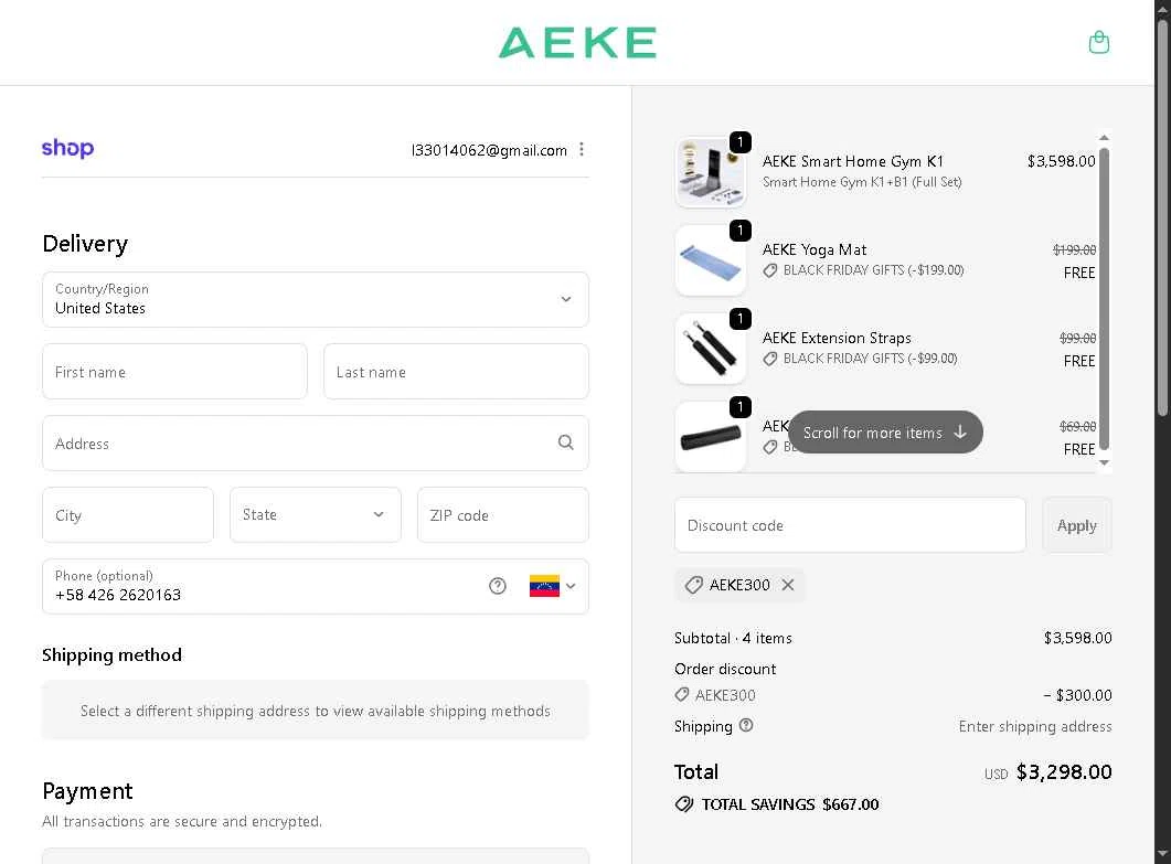 AEKE checkout page showing AEKE promo code box | Screenshot taken by SimplyCodes community member on Nov 14, 2025