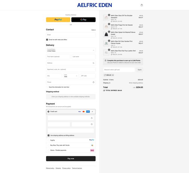 Aelfric Eden checkout page showing Aelfric Eden discount code box | Screenshot taken by SimplyCodes community member on Sep 11, 2025