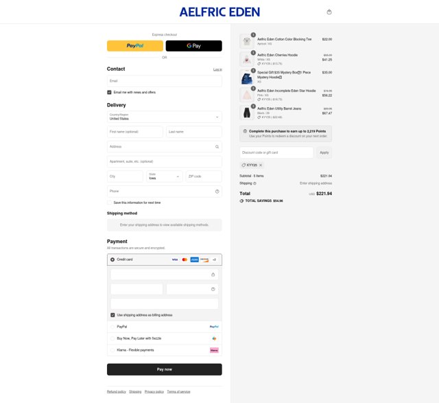 Aelfric Eden checkout page showing Aelfric Eden discount code box | Screenshot taken by SimplyCodes community member on Aug 29, 2025