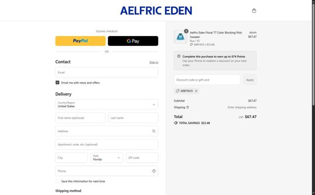 Aelfric Eden checkout page showing Aelfric Eden discount code box | Screenshot taken by SimplyCodes community member on Sep 11, 2025