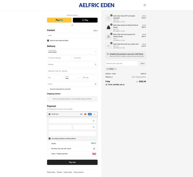 Aelfric Eden checkout page showing Aelfric Eden discount code box | Screenshot taken by SimplyCodes community member on Sep 14, 2025