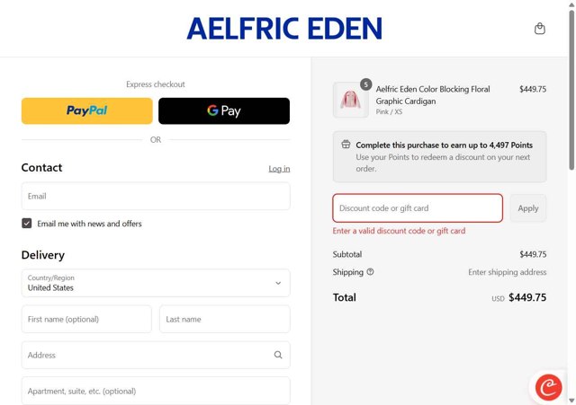 Aelfric Eden checkout page showing Aelfric Eden discount code box | Screenshot taken by SimplyCodes community member on Aug 27, 2025