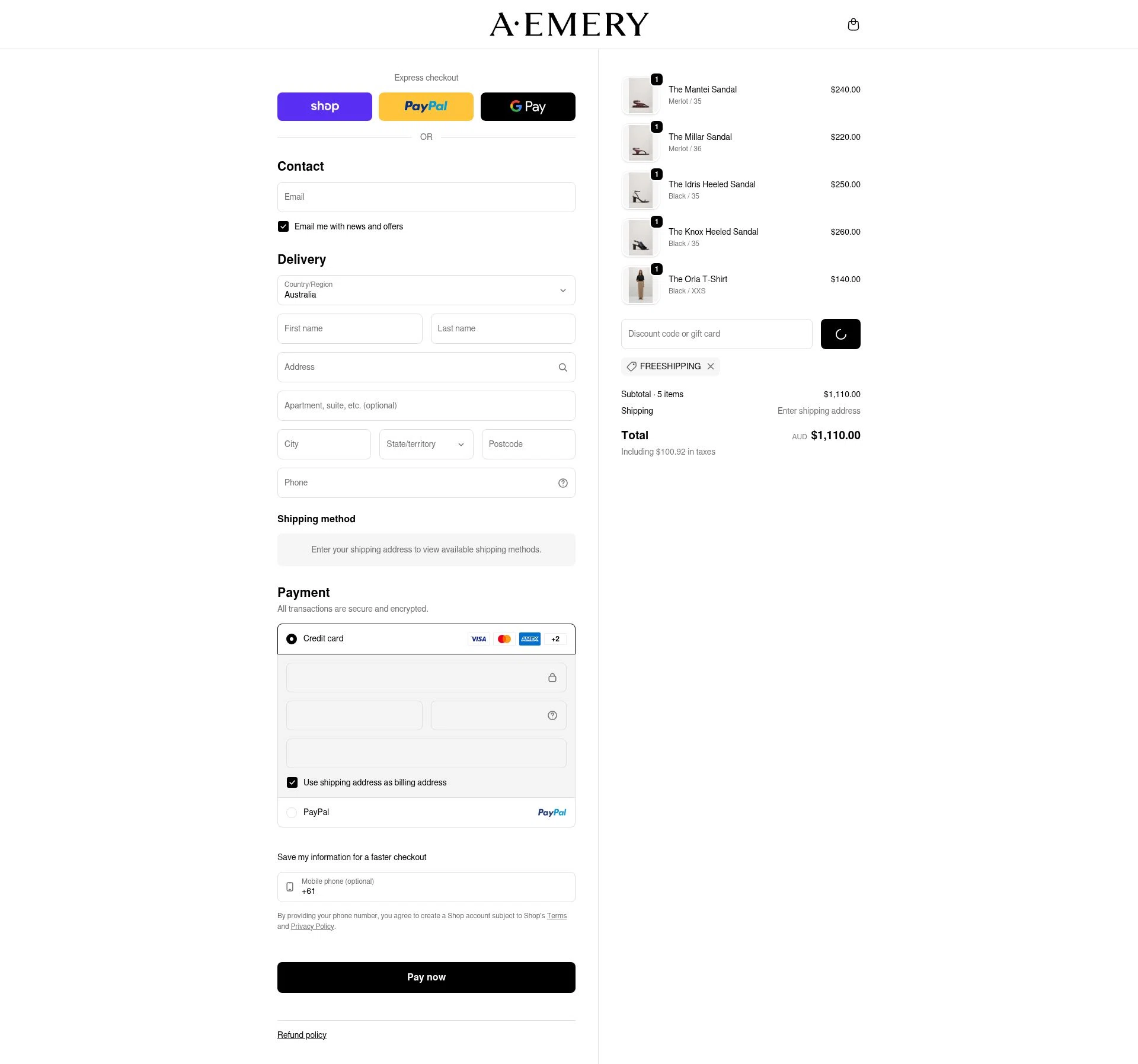 A.EMERY checkout page showing A.EMERY promo code box | Screenshot taken by SimplyCodes community member on Jan 31, 2026