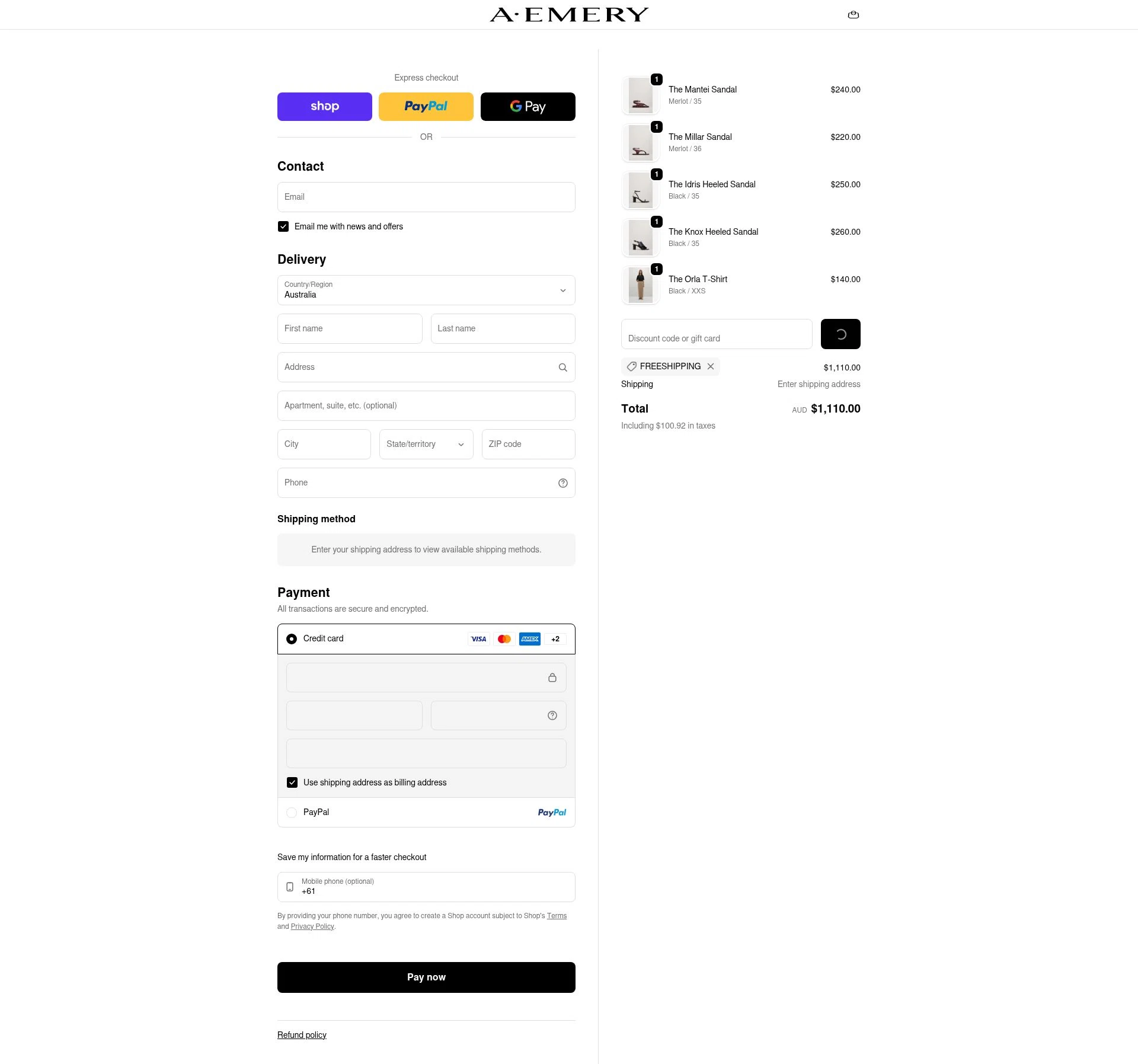 A.EMERY checkout page showing A.EMERY promo code box | Screenshot taken by SimplyCodes community member on Feb 8, 2026