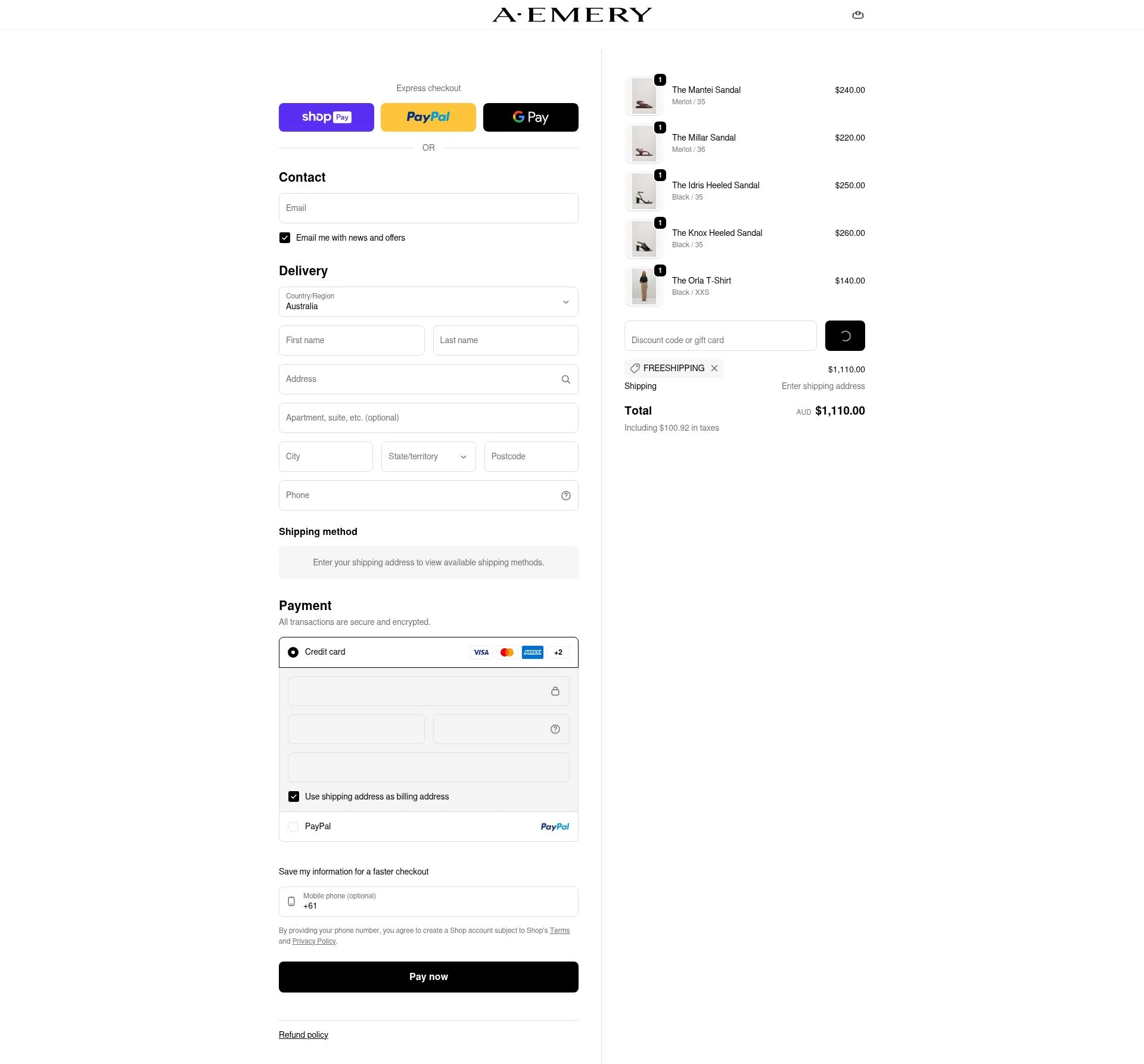 A.EMERY checkout page showing A.EMERY promo code box | Screenshot taken by SimplyCodes community member on Jan 12, 2026
