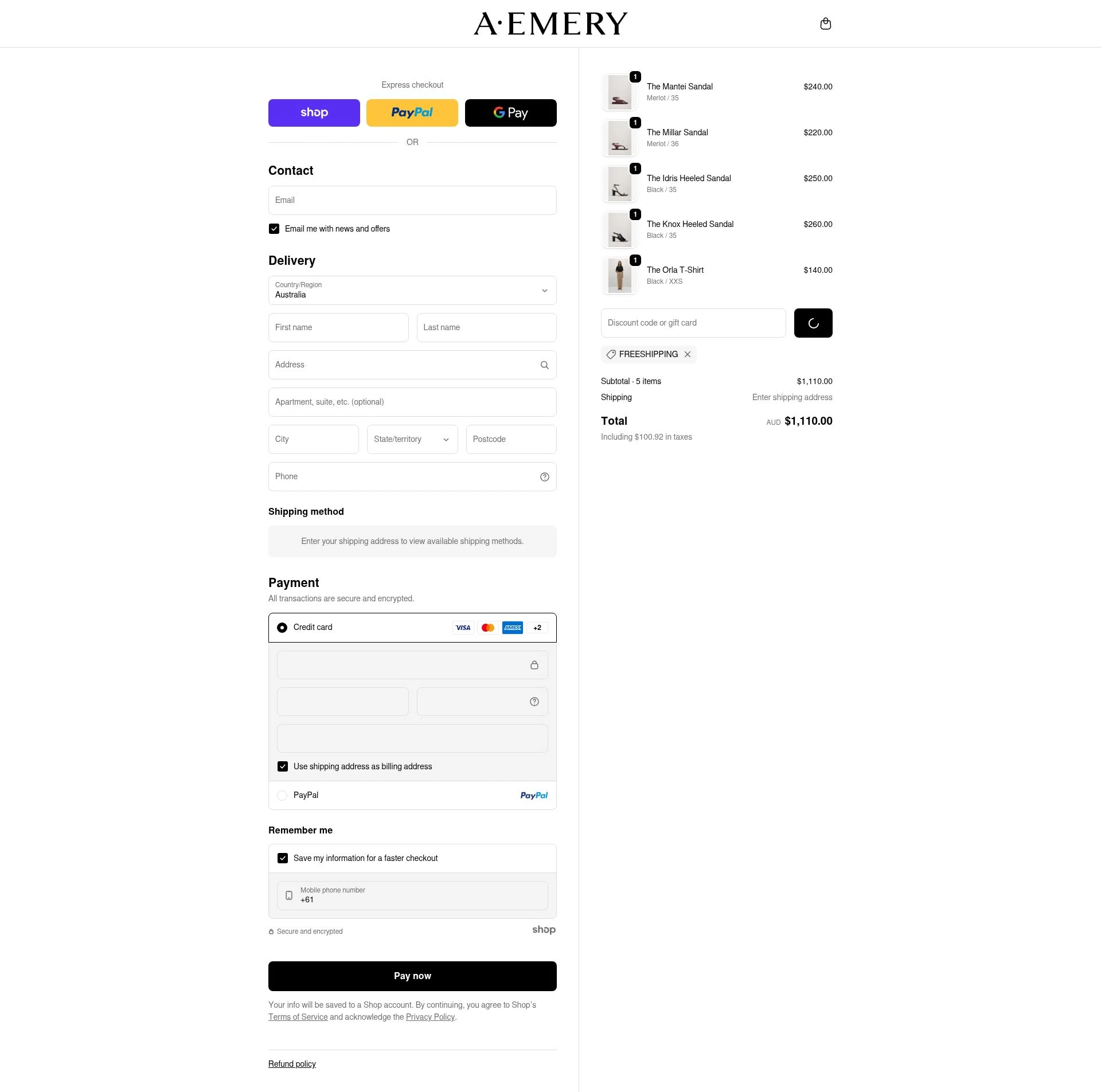 A.EMERY checkout page showing A.EMERY promo code box | Screenshot taken by SimplyCodes community member on Jan 26, 2026