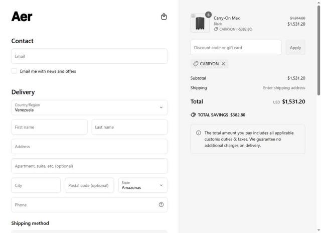 Aer checkout page showing Aer discount code box | Screenshot taken by SimplyCodes community member on May 20, 2025