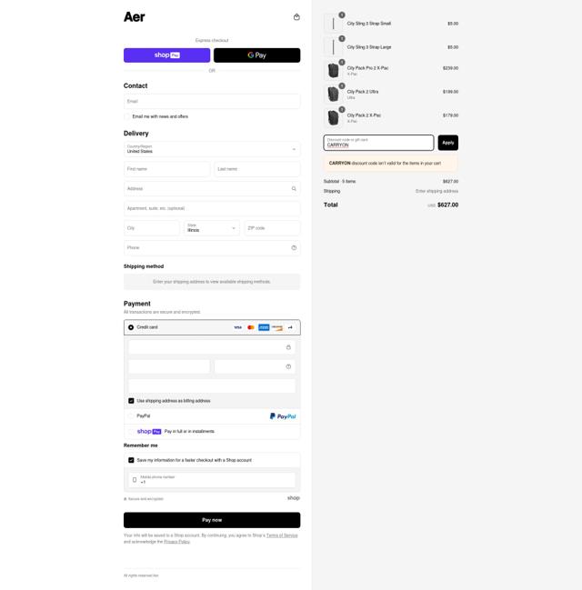 Aer checkout page showing Aer discount code box | Screenshot taken by SimplyCodes community member on May 22, 2025