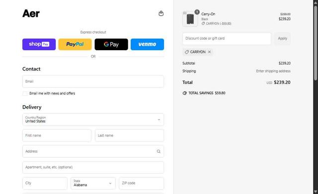 Aer checkout page showing Aer discount code box | Screenshot taken by SimplyCodes community member on May 20, 2025