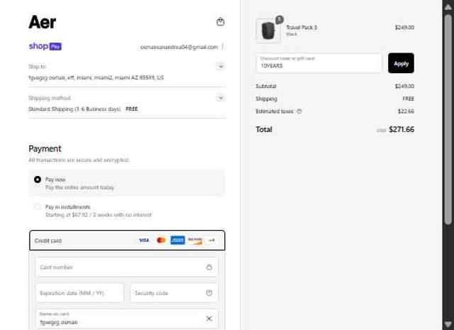 Aer checkout page showing Aer discount code box | Screenshot taken by SimplyCodes community member on Jul 24, 2025