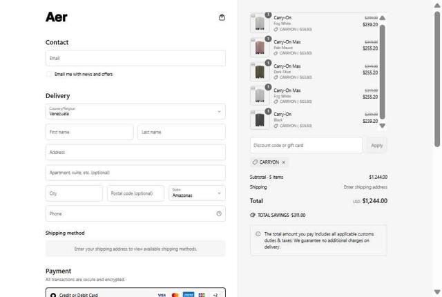 Aer checkout page showing Aer discount code box | Screenshot taken by SimplyCodes community member on May 24, 2025