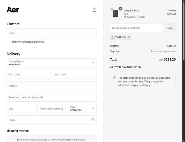 Aer checkout page showing Aer discount code box | Screenshot taken by SimplyCodes community member on May 20, 2025