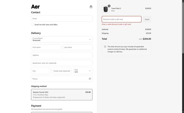 Aer checkout page showing Aer discount code box | Screenshot taken by SimplyCodes community member on Aug 10, 2025
