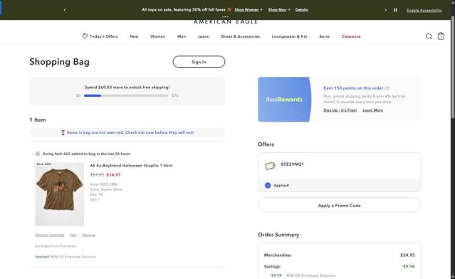 Aerie checkout page showing Aerie promo code box | Screenshot taken by SimplyCodes community member on Sep 10, 2025