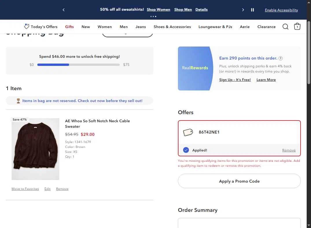 Aerie checkout page showing Aerie promo code box | Screenshot taken by SimplyCodes community member on Nov 30, 2025