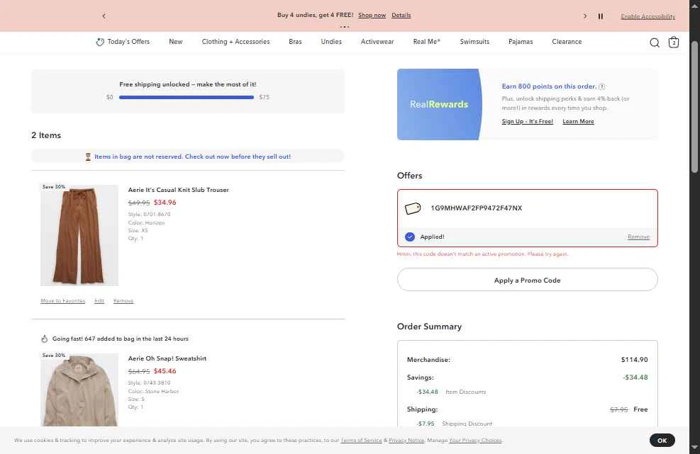 Aerie checkout page showing Aerie promo code box | Screenshot taken by SimplyCodes community member on Feb 12, 2026