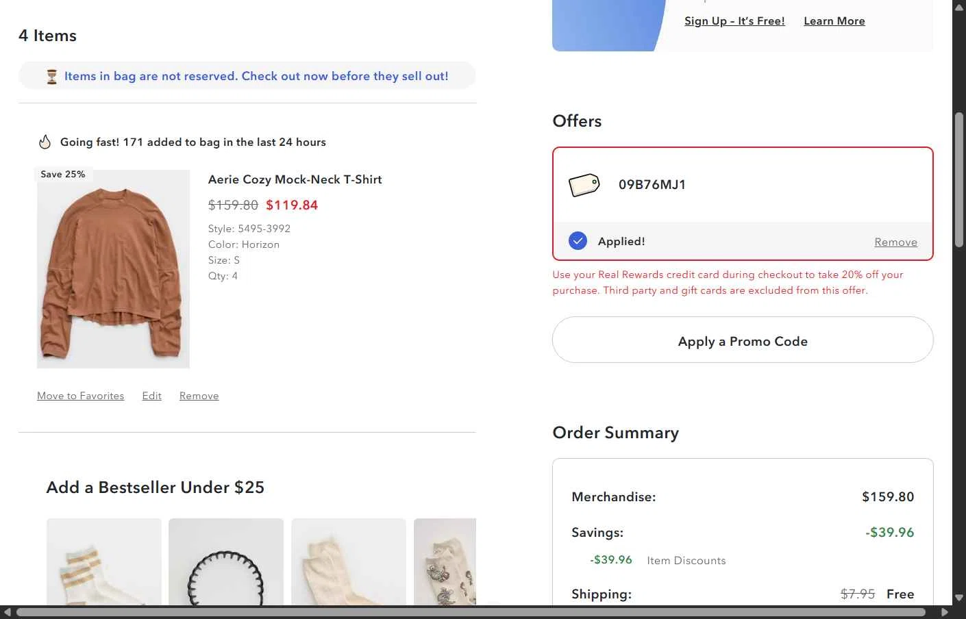 Aerie checkout page showing Aerie promo code box | Screenshot taken by SimplyCodes community member on Nov 8, 2025