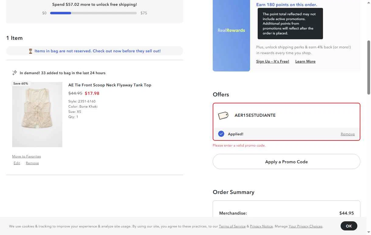 Aerie checkout page showing Aerie promo code box | Screenshot taken by SimplyCodes community member on Nov 26, 2025