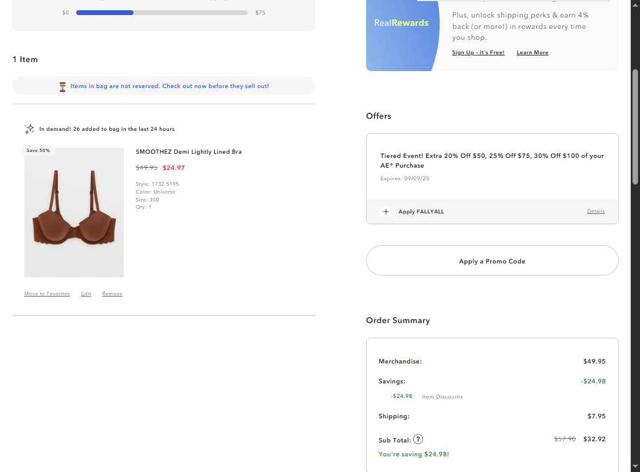 Aerie checkout page showing Aerie promo code box | Screenshot taken by SimplyCodes community member on Sep 9, 2025
