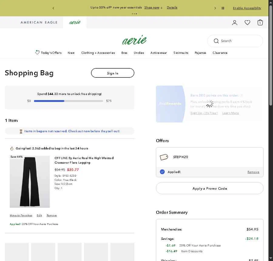 Aerie checkout page showing Aerie promo code box | Screenshot taken by SimplyCodes community member on Jan 22, 2026