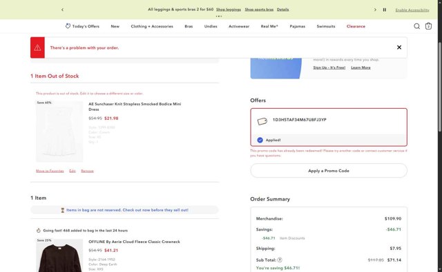 Aerie checkout page showing Aerie promo code box | Screenshot taken by SimplyCodes community member on Aug 11, 2025
