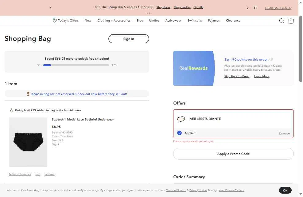 Aerie checkout page showing Aerie promo code box | Screenshot taken by SimplyCodes community member on Feb 9, 2026