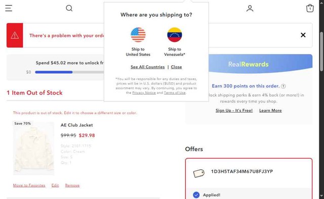 Aerie checkout page showing Aerie promo code box | Screenshot taken by SimplyCodes community member on Jul 25, 2025