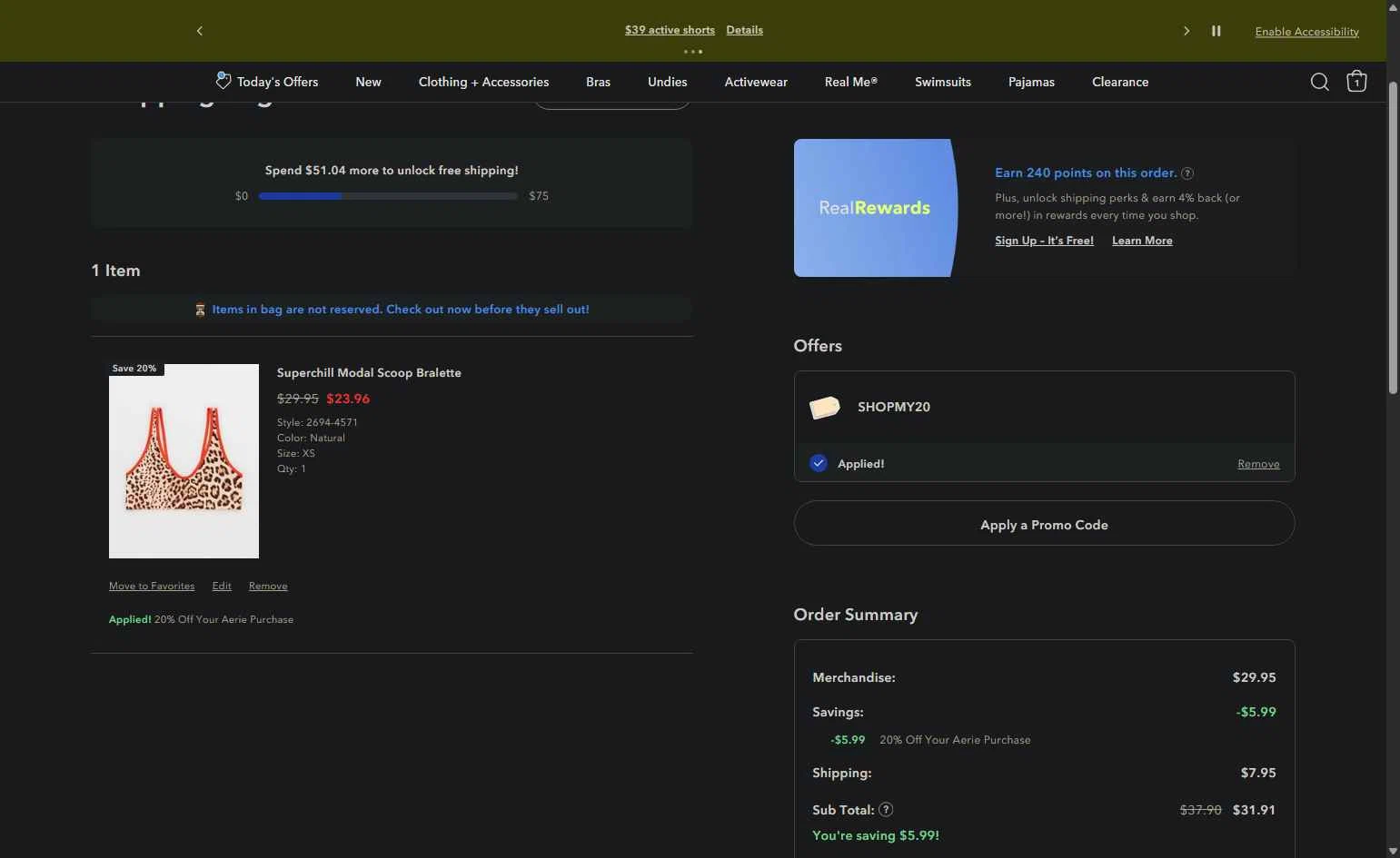 Aerie checkout page showing Aerie promo code box | Screenshot taken by SimplyCodes community member on Feb 19, 2026