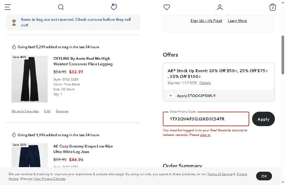 Aerie checkout page showing Aerie promo code box | Screenshot taken by SimplyCodes community member on Nov 18, 2025