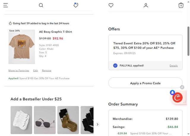 Aerie checkout page showing Aerie promo code box | Screenshot taken by SimplyCodes community member on Sep 9, 2025