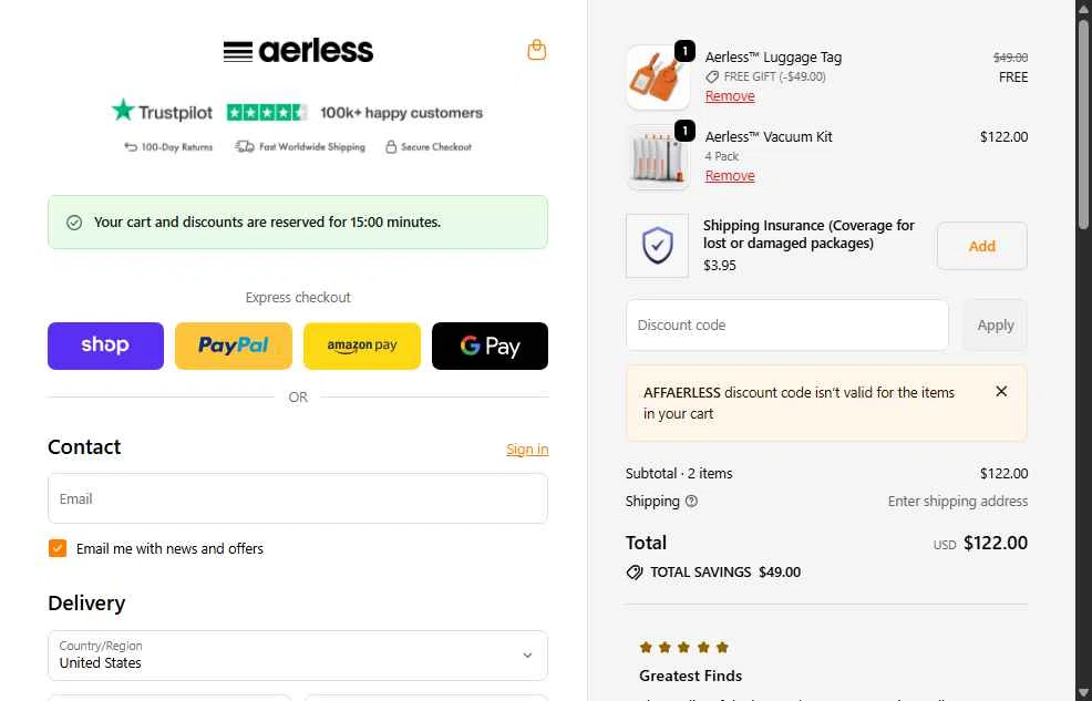 Aerless checkout page showing Aerless promo code box | Screenshot taken by SimplyCodes community member on Dec 20, 2025