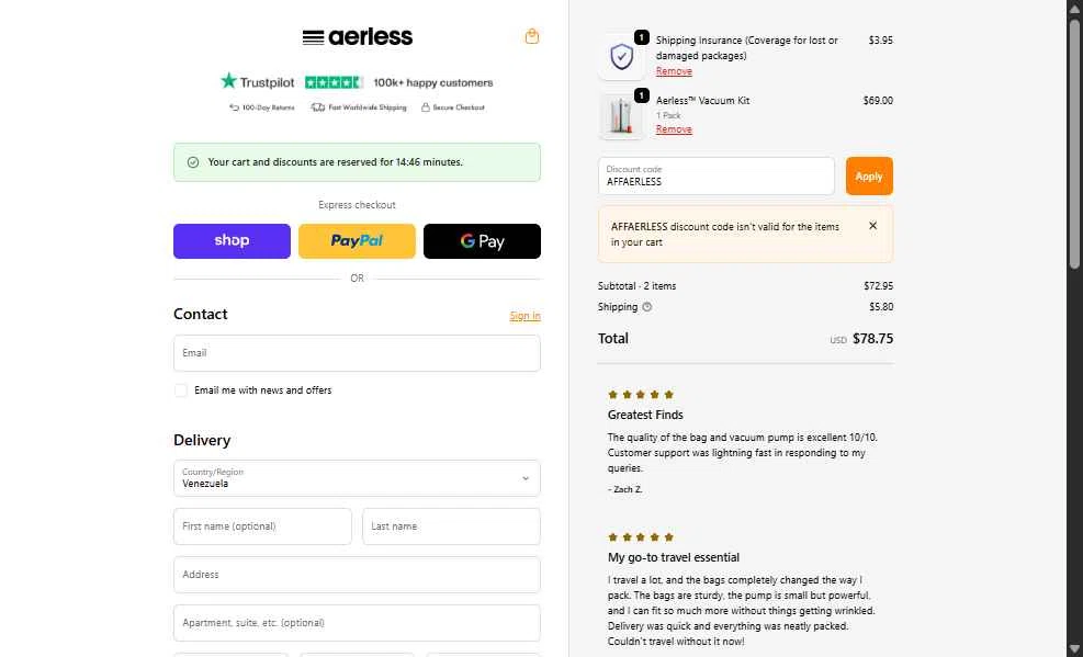 Aerless checkout page showing Aerless promo code box | Screenshot taken by SimplyCodes community member on Dec 10, 2025
