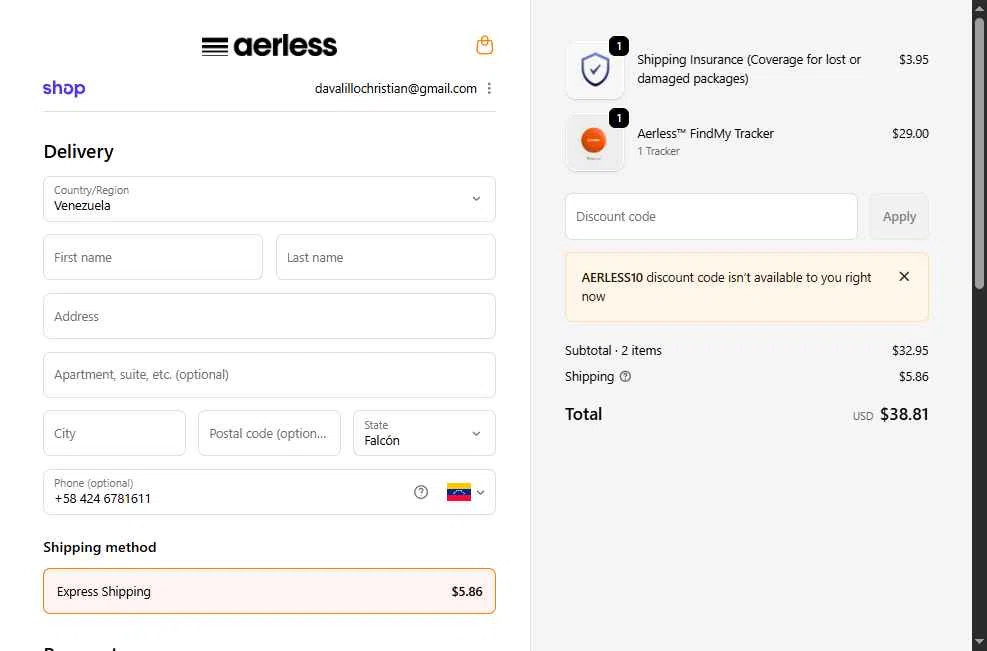 Aerless checkout page showing Aerless promo code box | Screenshot taken by SimplyCodes community member on Jan 2, 2026